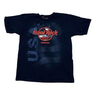 Hard Rock Cafe Denver Men's T-Shirt Large Cotton Flag USA Logo Faux Stitched
